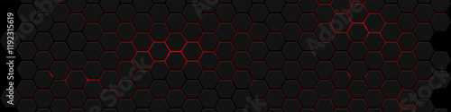 Hexagons honeycomb texture red neon background, Abstract futuristic technology backdrop banner design, Vector illustration.