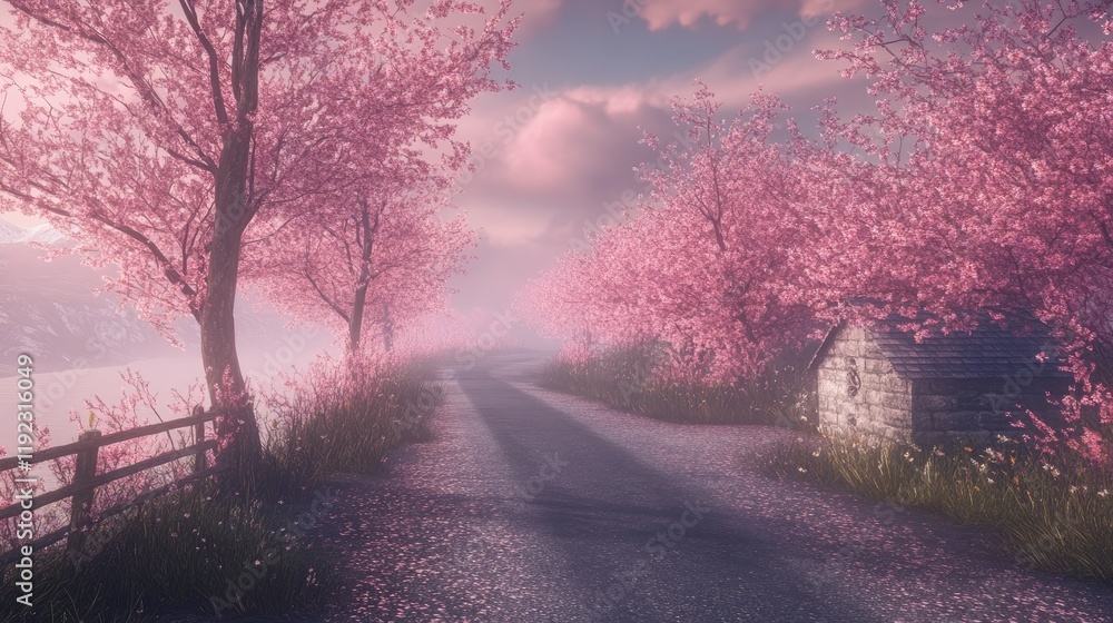Obraz premium A quiet countryside road lined with sakura trees in peak bloom, tranquil and serene.