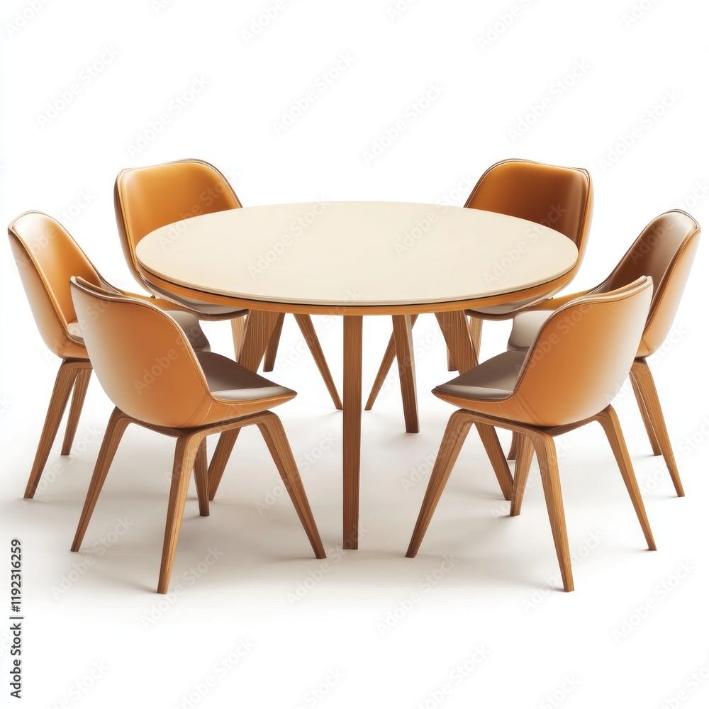 Obraz premium Round dining table with six orange chairs.