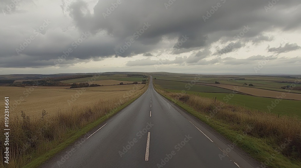 A straight, empty rural road under dramatic storm clouds, with fields stretching endlessly on either side. A straight, empty rural road under dramatic storm clouds, with fields stretching endlessly on either side.