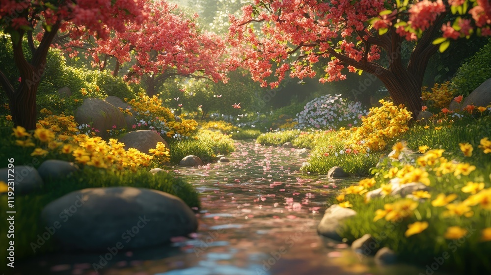 Serene Stream Flows Through Vibrant Spring Garden Serene Stream Flows Through Vibrant Spring Garden