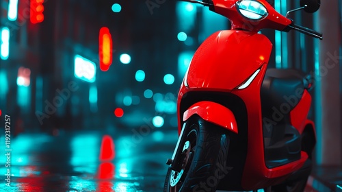 A vibrant red scooter parked in a dimly lit urban environment, reflecting colorful neon lights on wet pavement.