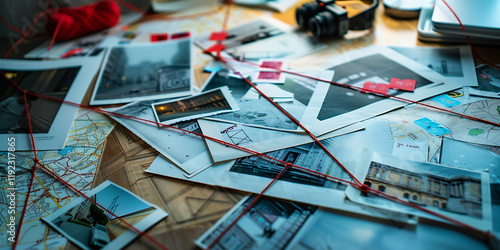 Wallpaper Mural A cluttered desk with scattered photographs, red strings, and a map, suggesting a detective's investigation. Torontodigital.ca