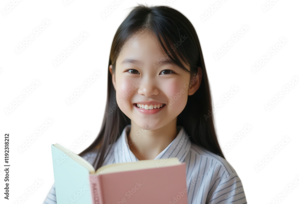 Smiling asian girl holding an open book isolated on transparent background Smiling asian girl holding an open book isolated on transparent background