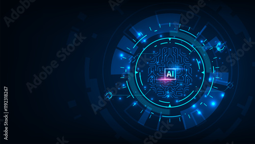 Artificial intelligence hardware microchip concept. Giowing connection hologram line brain. Technology abstract background.