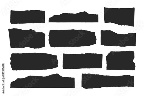 Torn long strips of paper with uneven edges, Oblong black scotch tapes, vintage silhouette stickers torn edge, Vector illustration.