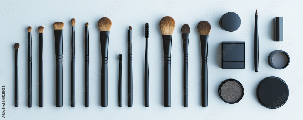 Stylish set of professional makeup tools arranged neatly, showcasing various brushes and cosmetics. Perfect for beauty enthusiasts and makeup artists Stylish set of professional makeup tools arranged neatly, showcasing various brushes and cosmetics. Perfect for beauty enthusiasts and makeup artists