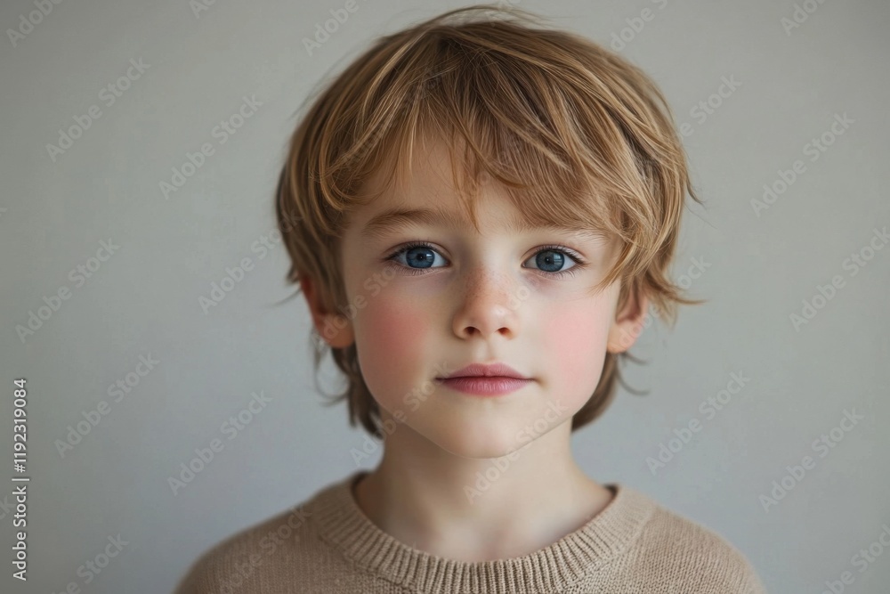 Fototapeta premium Portrait of a young boy with light hair and blue eyes, staring directly at the camera with an expressive gaze indoors