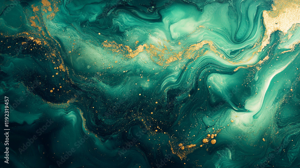 Swirling green and gold abstract design evokes a sense of depth and tranquility Swirling green and gold abstract design evokes a sense of depth and tranquility
