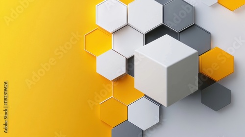 Abstract Geometric Hexagon and Cube Pattern Design in Yellow, White, and Gray Colors: Modern 3D Render Background photo