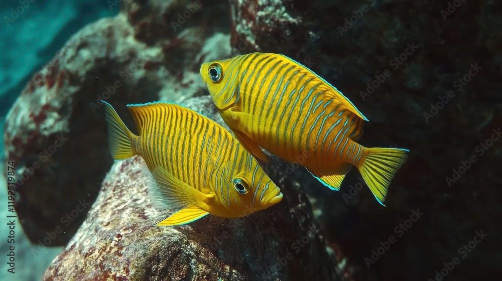 Two yellow and blue striped angelfish swimming near a rock underwater. Two yellow and blue striped angelfish swimming near a rock underwater.