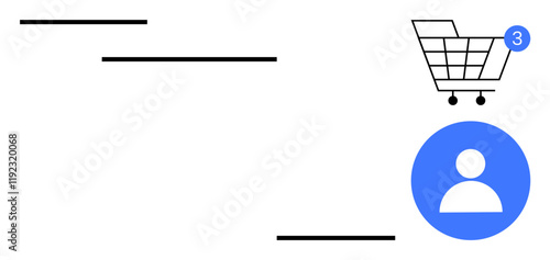 Shopping cart icon with three notifications and person icon. Ideal for e-commerce, consumer behavior, online retail, internet shopping, user interaction, digital marketing, and notifications. Line