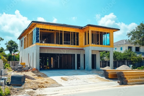 New residential construction project with modern design features in a suburban neighborhood under clear blue skies