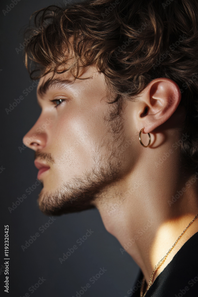 Profile of a young man with curly hair, wearing gold hoop earrings and a delicate necklace. Soft light highlights his features. Profile of a young man with curly hair, wearing gold hoop earrings and a delicate necklace. Soft light highlights his features.