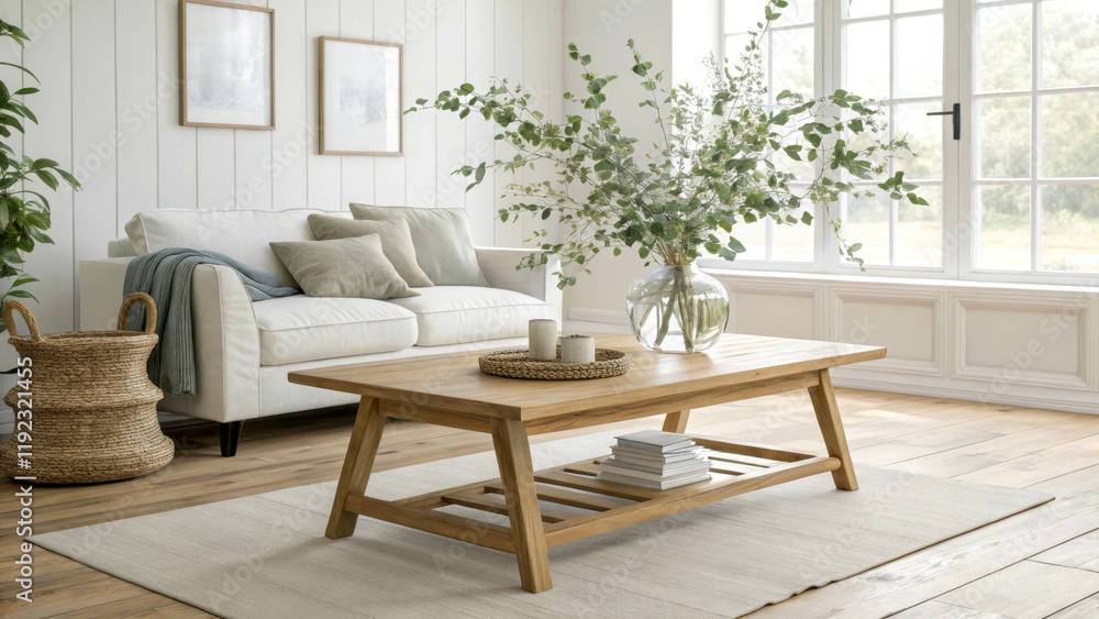 Modern, bright and minimalist living room. In the center is a wooden coffee table with a vase filled with fresh eucalyptus branches. Modern, bright and minimalist living room. In the center is a wooden coffee table with a vase filled with fresh eucalyptus branches.