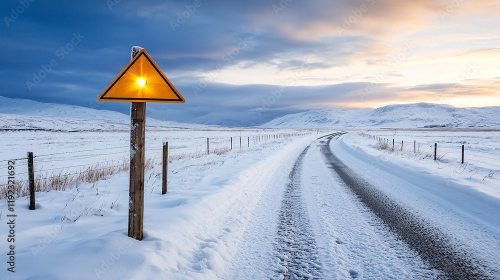 Fototapeta premium Snowfall power storm concept. A snow-covered road with a warning sign illuminated by a soft sunset, surrounded by rolling hills under a dramatic sky.