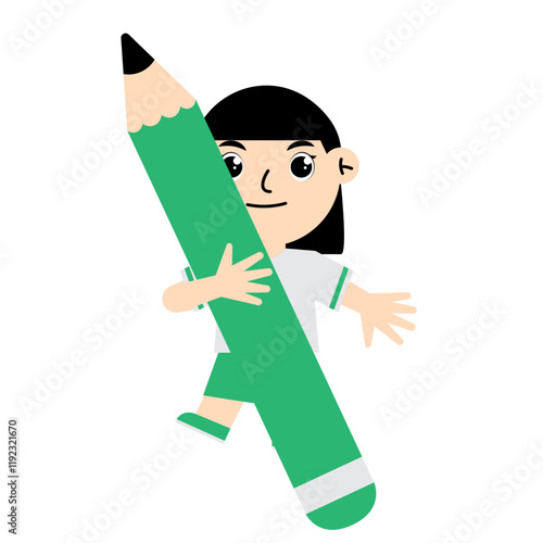 Girl Kindergarten Holding Giant Pencil