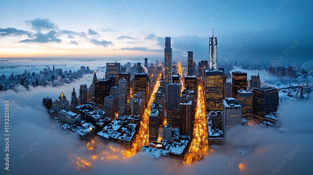 Obraz premium Snowfall power storm concept. A stunning aerial view of a snow-covered city skyline emerging from mist, showcasing illuminated streets at dawn.