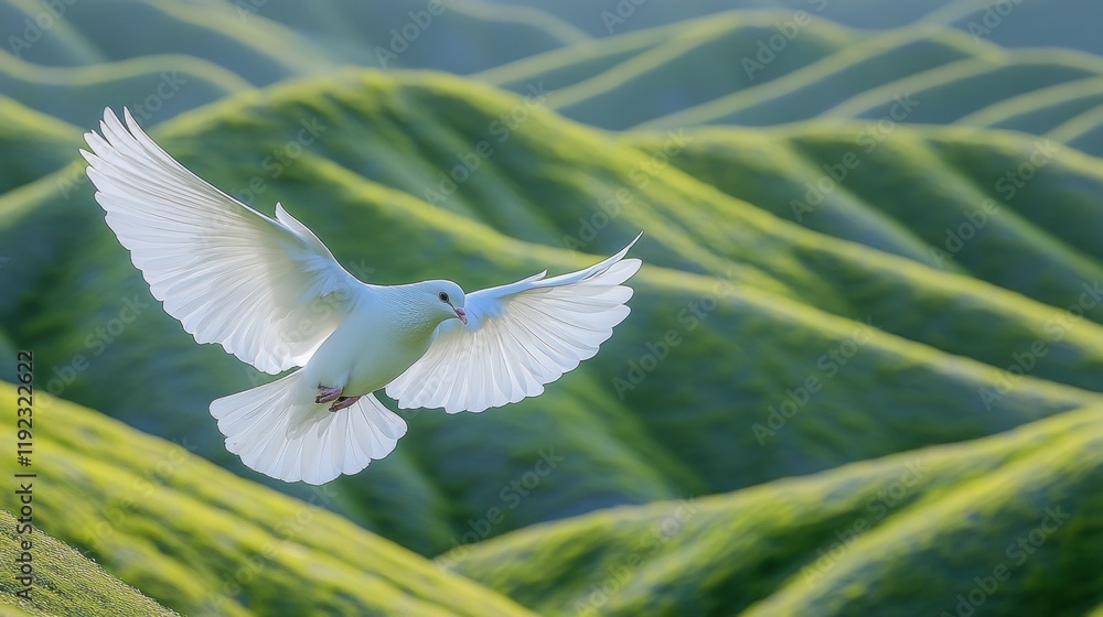Obraz premium Majestic White Bird in Flight Over Lush Green Landscape