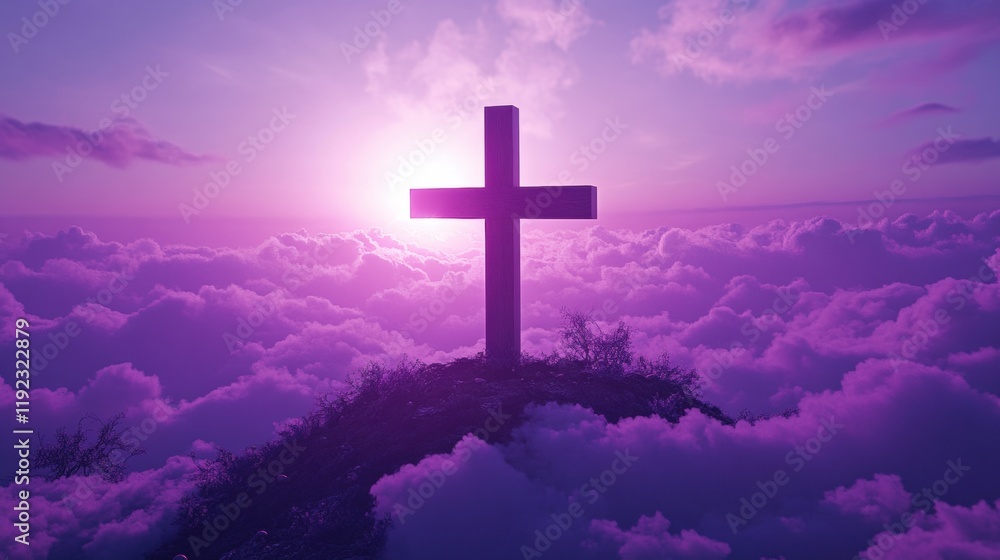 Cross Silhouette Against Vibrant Purple Clouds at Sunrise Cross Silhouette Against Vibrant Purple Clouds at Sunrise