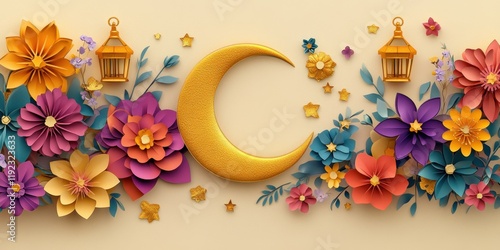 Ramadan Kareem Festive Celebration: Golden Crescent Moon, Paper Flowers, and Lanterns photo