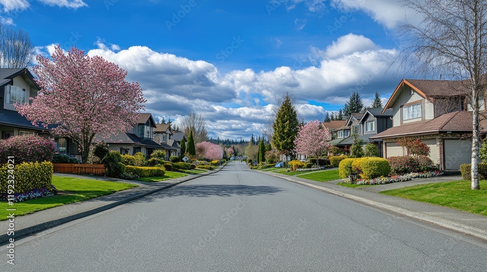 Quiet suburban road with neatly trimmed lawns, lined by houses and blooming trees. Quiet suburban road with neatly trimmed lawns, lined by houses and blooming trees.
