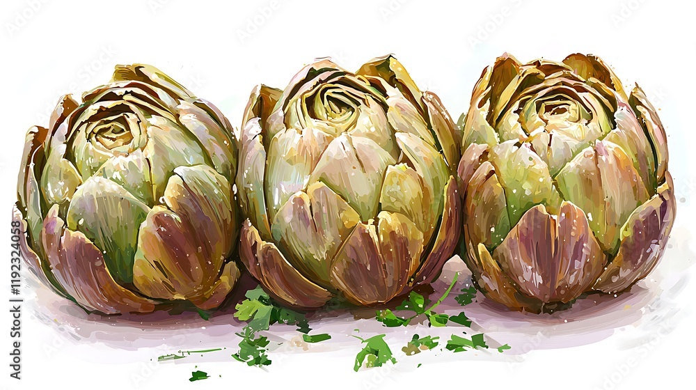 Obraz premium Three Artichokes with Parsley, Artistic Digital Painting.