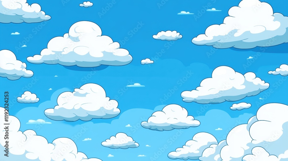 Bright cartoon clouds floating in a blue sky over a serene background Bright cartoon clouds floating in a blue sky over a serene background