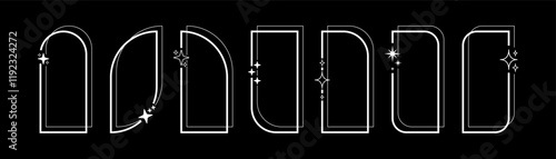 Modern decorative aesthetic arches minimalist design, Vector elements linear frames with stars on a black background.