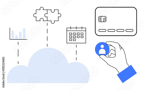 Cloud connects bar graph, puzzle pieces, calendar, credit card. Hand holds user icon. Ideal for project planning, finance management, cloud solutions, data integration digital security user