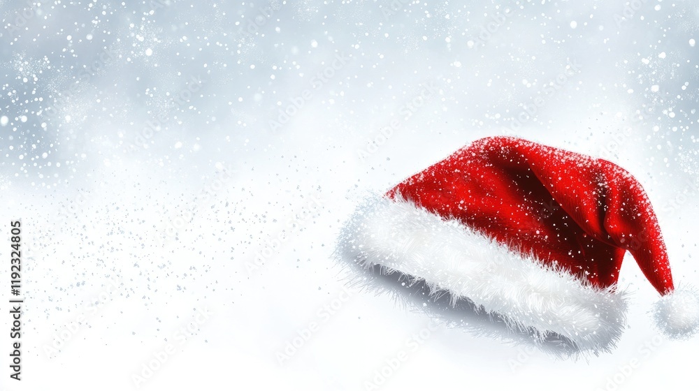 Santa hat on a snowy white background, with festive sparkles around, evoking holiday cheer. Santa hat on a snowy white background, with festive sparkles around, evoking holiday cheer.