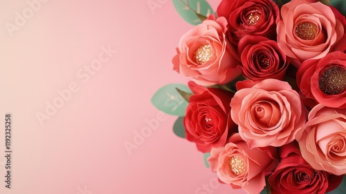 Valentine rose idea. A beautiful bouquet of red and pink roses against a soft pink background.