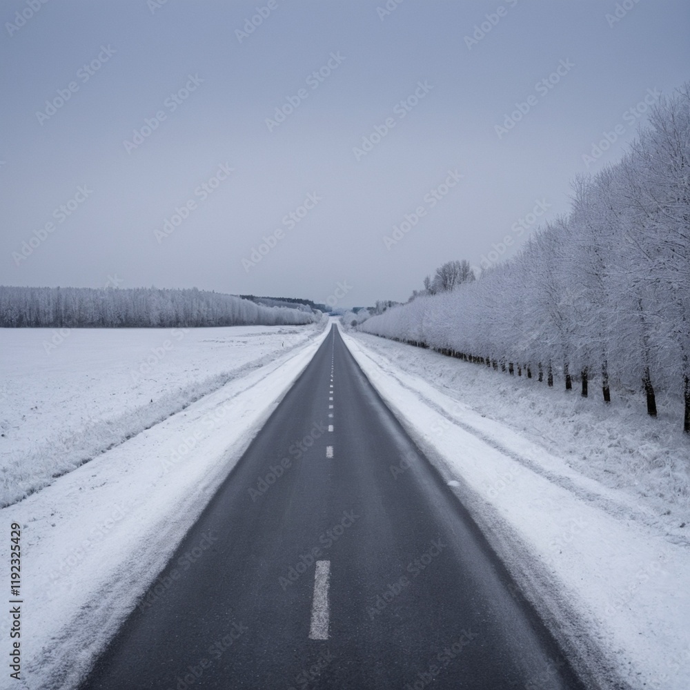 Obraz premium Straight road covered with snow and ice at winter