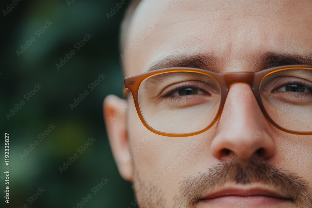 Close-up of a man wearing glasses with thoughtful expression outdoors in soft natural light Close-up of a man wearing glasses with thoughtful expression outdoors in soft natural light