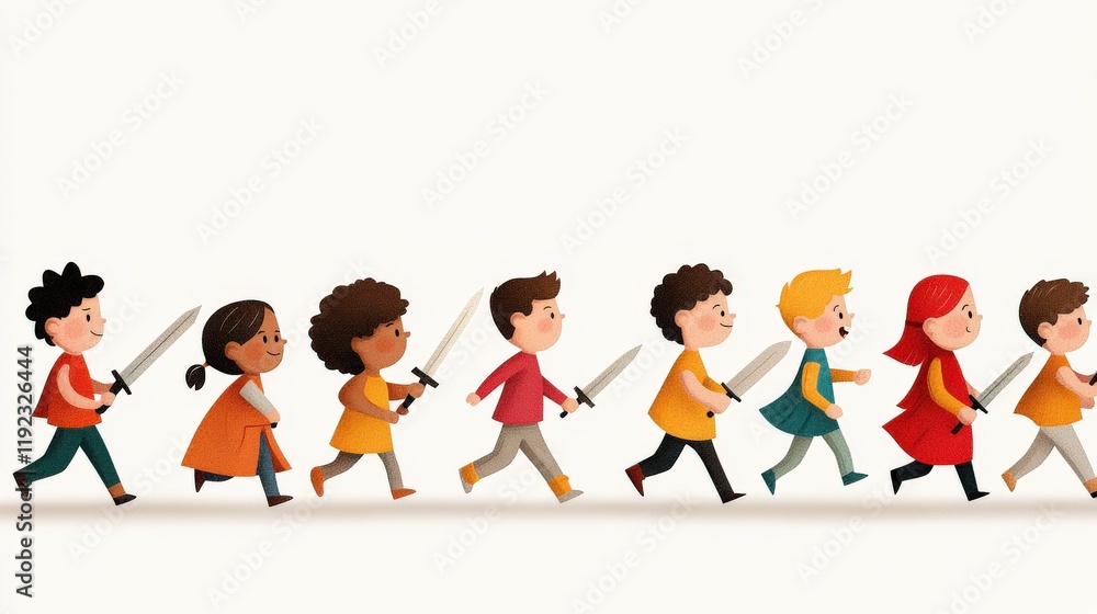 Diverse Group of Children Wearing Capes and Holding Swords in a Playful Adventure Celebration Illustration Diverse Group of Children Wearing Capes and Holding Swords in a Playful Adventure Celebration Illustration