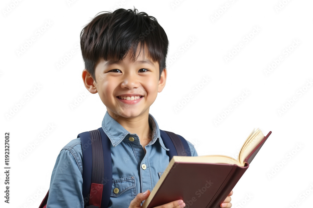 Smiling asian boy with backpack holding an open book, isolated on transparent background. Education and back-to-school concept Smiling asian boy with backpack holding an open book, isolated on transparent background. Education and back-to-school concept