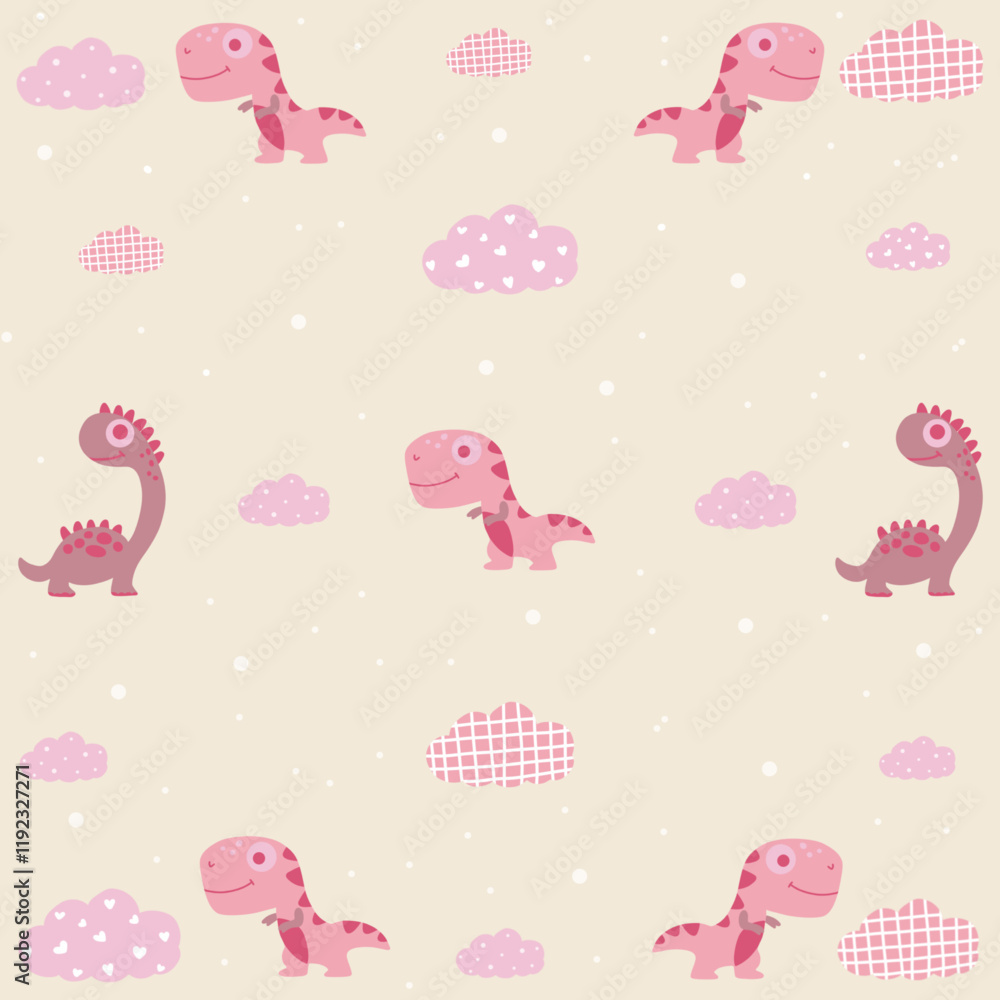 Cute seamless dinosaur pattern in pastel pink tones, perfect for fabric and decoration for kids, Valentine's Day. Cute seamless dinosaur pattern in pastel pink tones, perfect for fabric and decoration for kids, Valentine's Day.