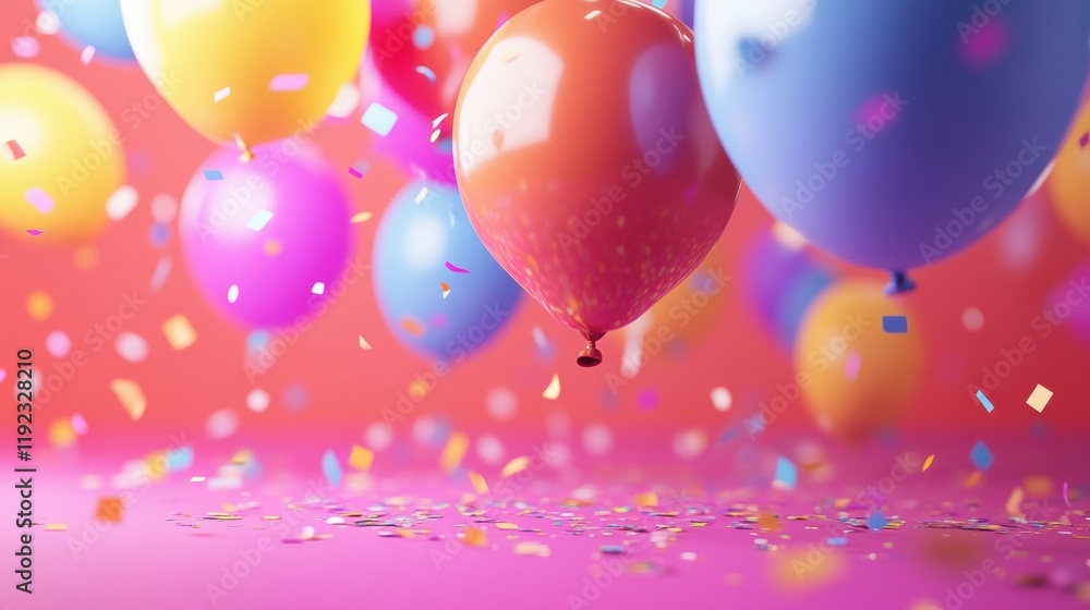 Colorful Balloons with Confetti on Bright Pink Background Colorful Balloons with Confetti on Bright Pink Background