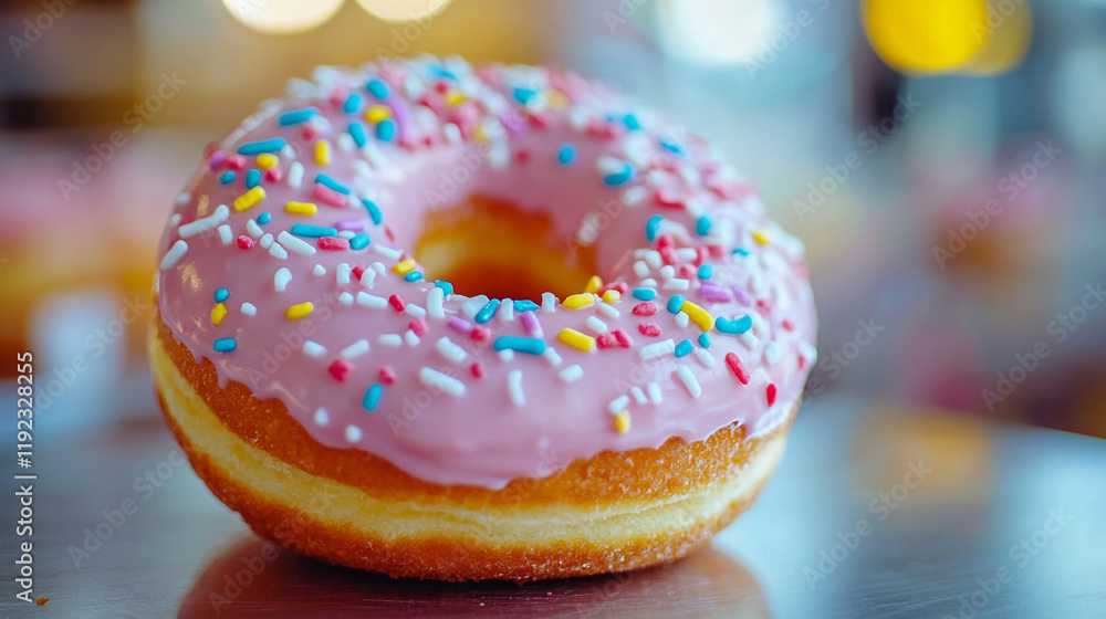 Colorful donut with pink icing and sprinkles on display at a bakery counter Colorful donut with pink icing and sprinkles on display at a bakery counter