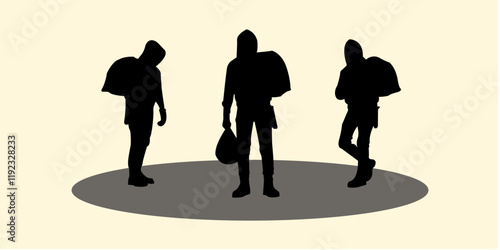 Graphic set silhouette of robber concept. 2D icon of man shadow dark. vector illustration.