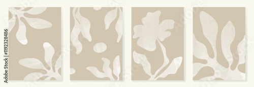 Set of abstract foliage poster vector. Leaves, flower, organic shapes, earth tone colors, leaf branch. Illustration design for Eco packaging, interior, cover, wall art, wallpaper, market.