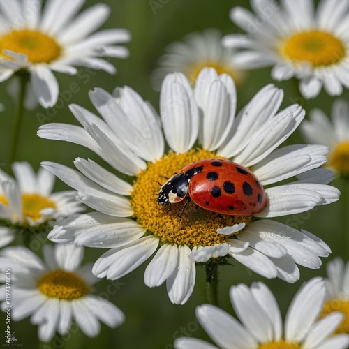 A vibrant red ladybug crawls delicately on the white petals of a chamomile flower, its black spots creating a striking contrast. photo