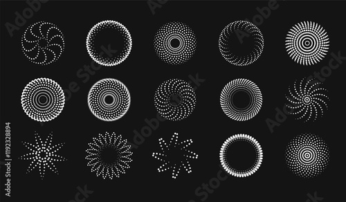 DDot radial pattern halftone fractals, downloads circular dots progress motion, vector icons design elements.