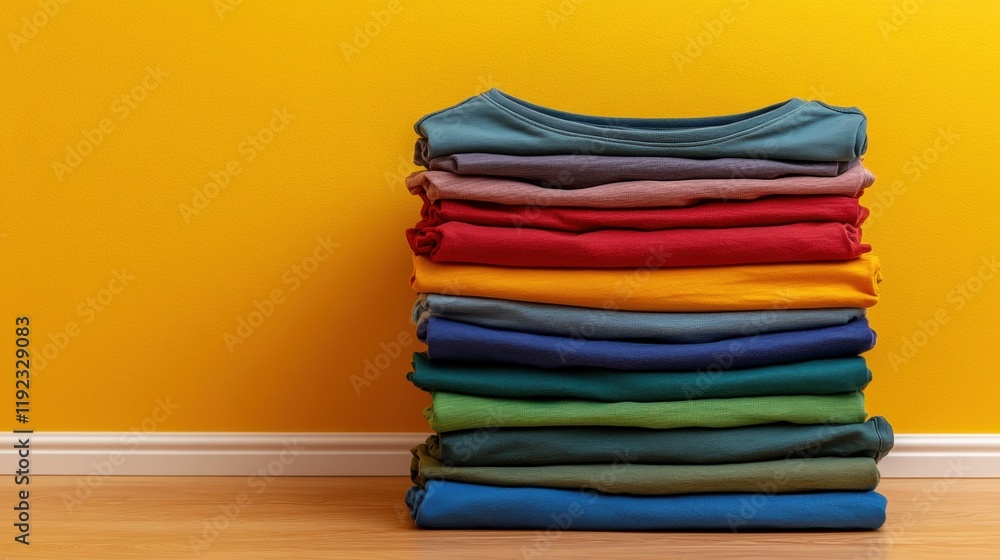 Neatly Stacked Colorful Clothes Against Bright Yellow Wall Backdrop Neatly Stacked Colorful Clothes Against Bright Yellow Wall Backdrop
