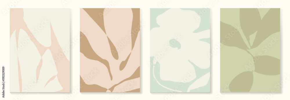 Fototapeta premium Set of abstract foliage poster vector. Leaves, flower, organic shapes, earth tone colors, leaf branch. Illustration design for Eco packaging, interior, cover, wall art, wallpaper, market.