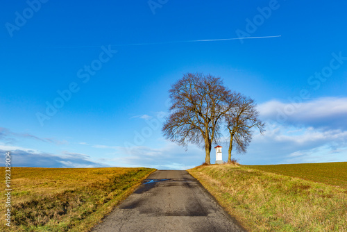 Obraz na płótnie A small chapel on top of a hill with two trees above it. Czechia. w salonie
