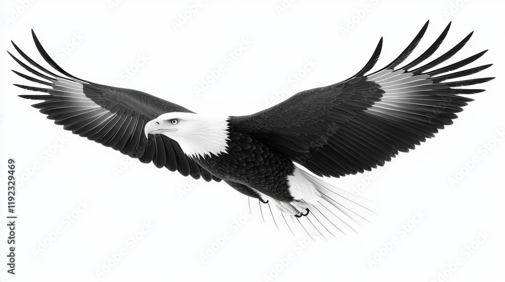 Obraz premium Majestic Bald Eagle Soaring With Outstretched Wings in Monochrome