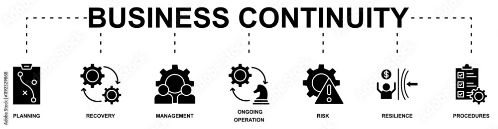 Business Continuity banner web icon vector illustration concept with icon of planning, recovery, management, ongoing operation, risk, resilience, procedures Business Continuity banner web icon vector illustration concept with icon of planning, recovery, management, ongoing operation, risk, resilience, procedures