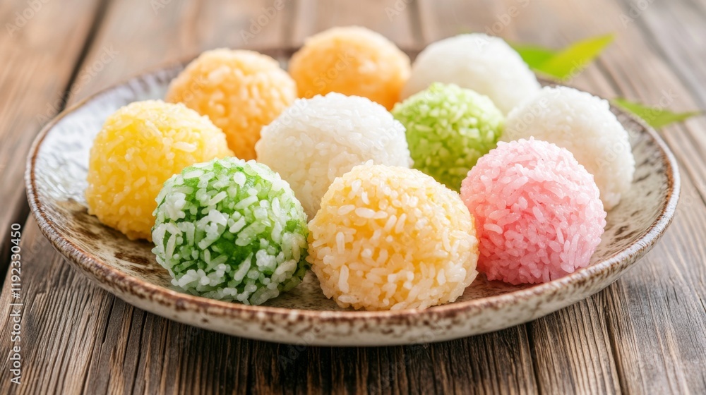 A beautifully presented plate of rice balls with colorful fillings, set against a rustic wooden background, with soft lighting bringing out the textures A beautifully presented plate of rice balls with colorful fillings, set against a rustic wooden background, with soft lighting bringing out the textures