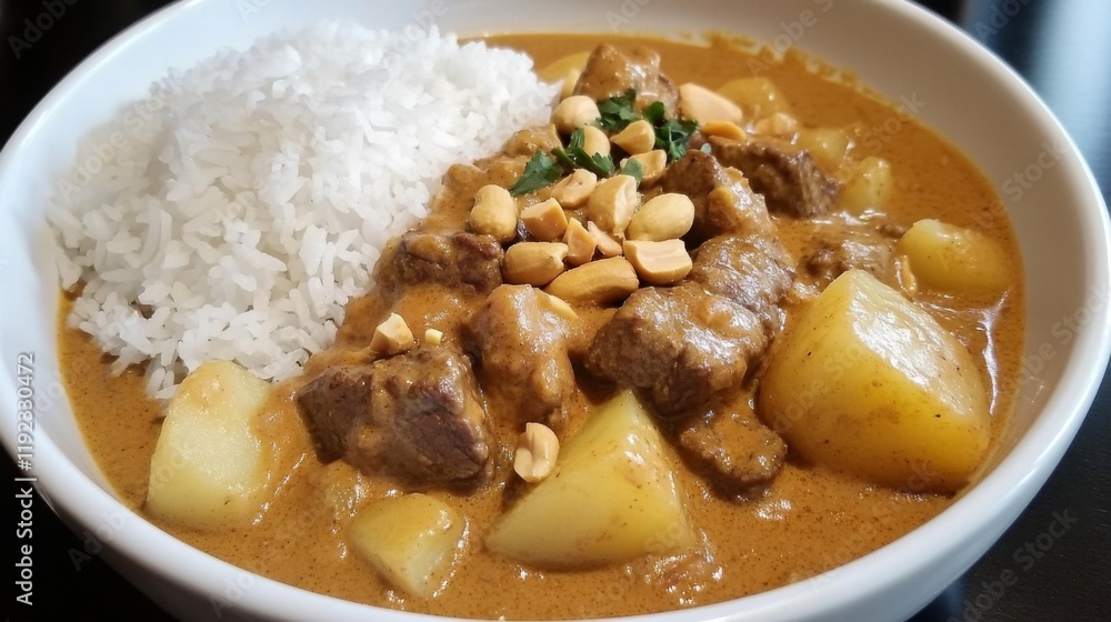 A beautiful bowl of Thai Massaman curry with tender beef, potatoes, and peanuts, served with rice, capturing the rich, fragrant, and hearty nature of the dish